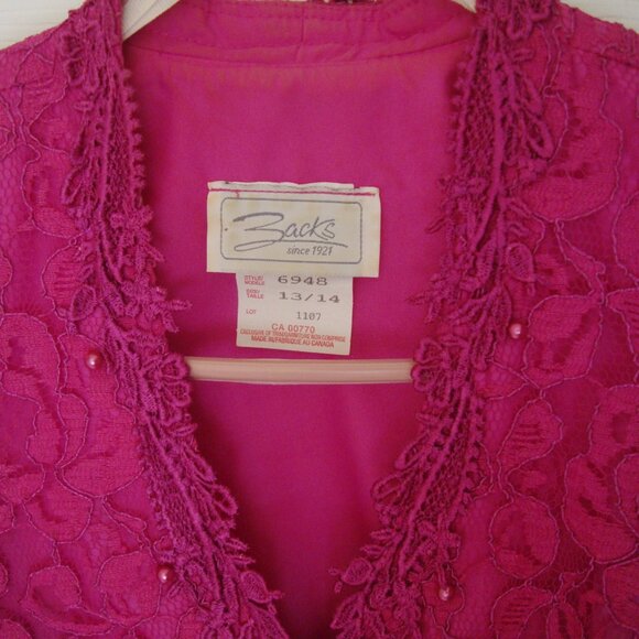 Zacks Sz 13-14 Fuschia 2 Piece Dress Vintage 80s Skirt Jacket Suit Lace & Pearls - Picture 5 of 11